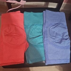 Women's Athletic Shorts Trio - Coral, Teal, Blue